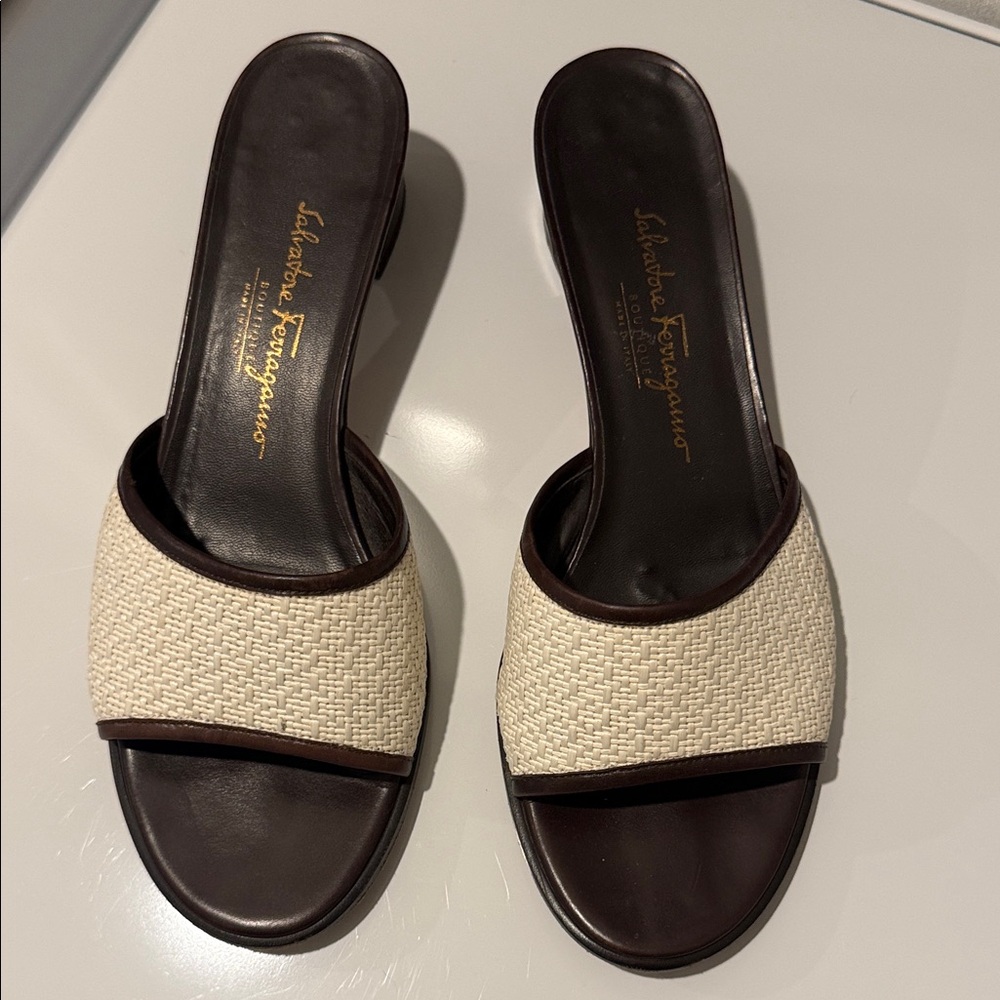 Salvatore Ferragamo Cream Woven & Brown Leather Slide Mules